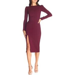 Dress the Population Burgundy Nadia Long Sleeve Scoop Back Slit Midi Dress
